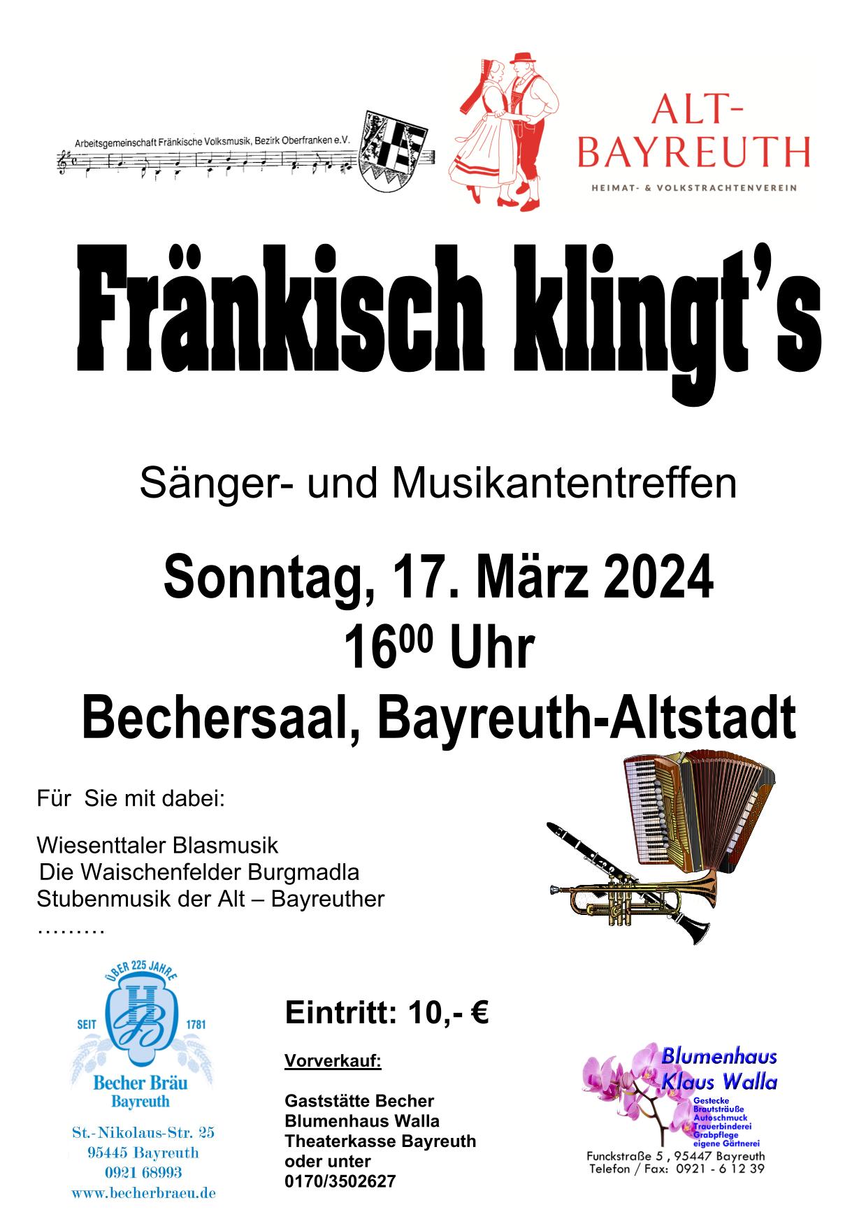 Poster Fränkisch klingt's Sonntag, 17. März 2024 16:00 Uhr Bechersaal, Bayreuth-Altstadt Eintritt 10€